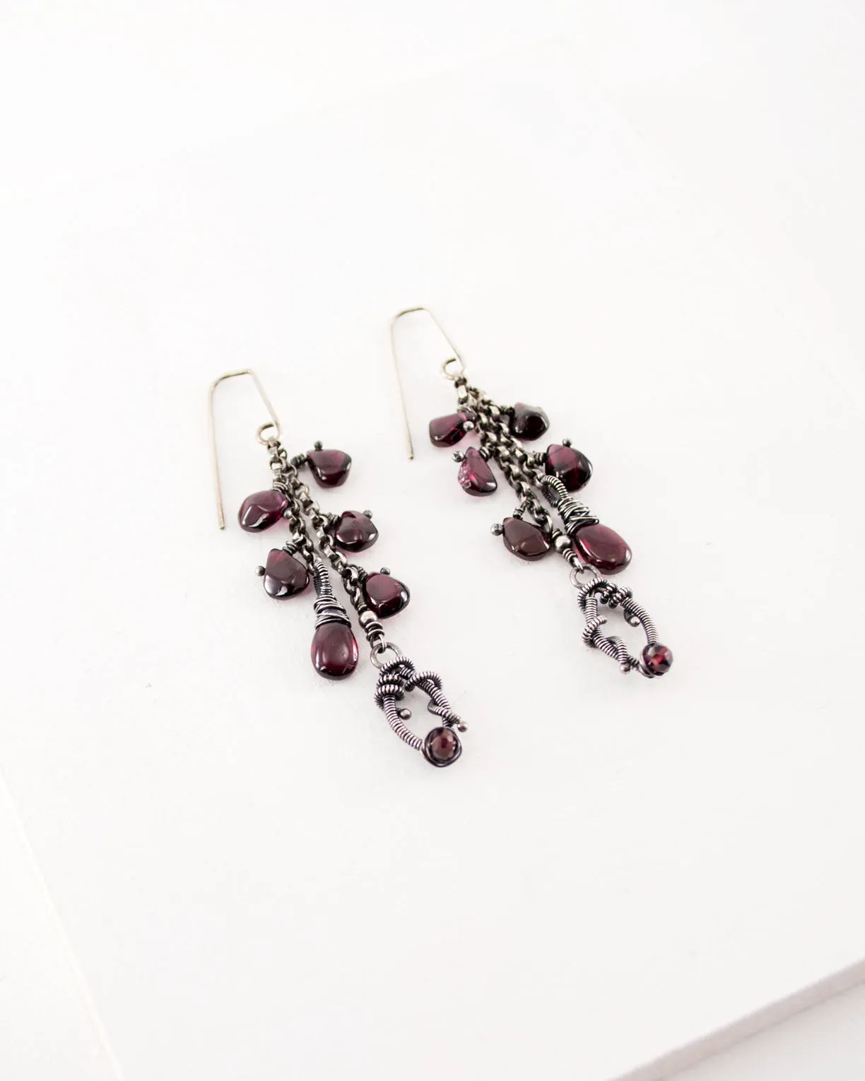 Plum garnet earrings | Silver chain dangle earrings