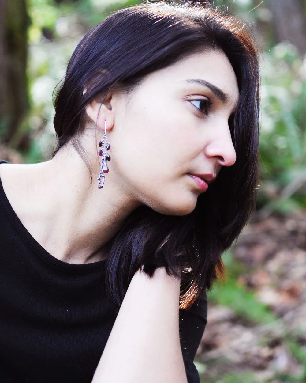 Plum garnet earrings | Silver chain dangle earrings