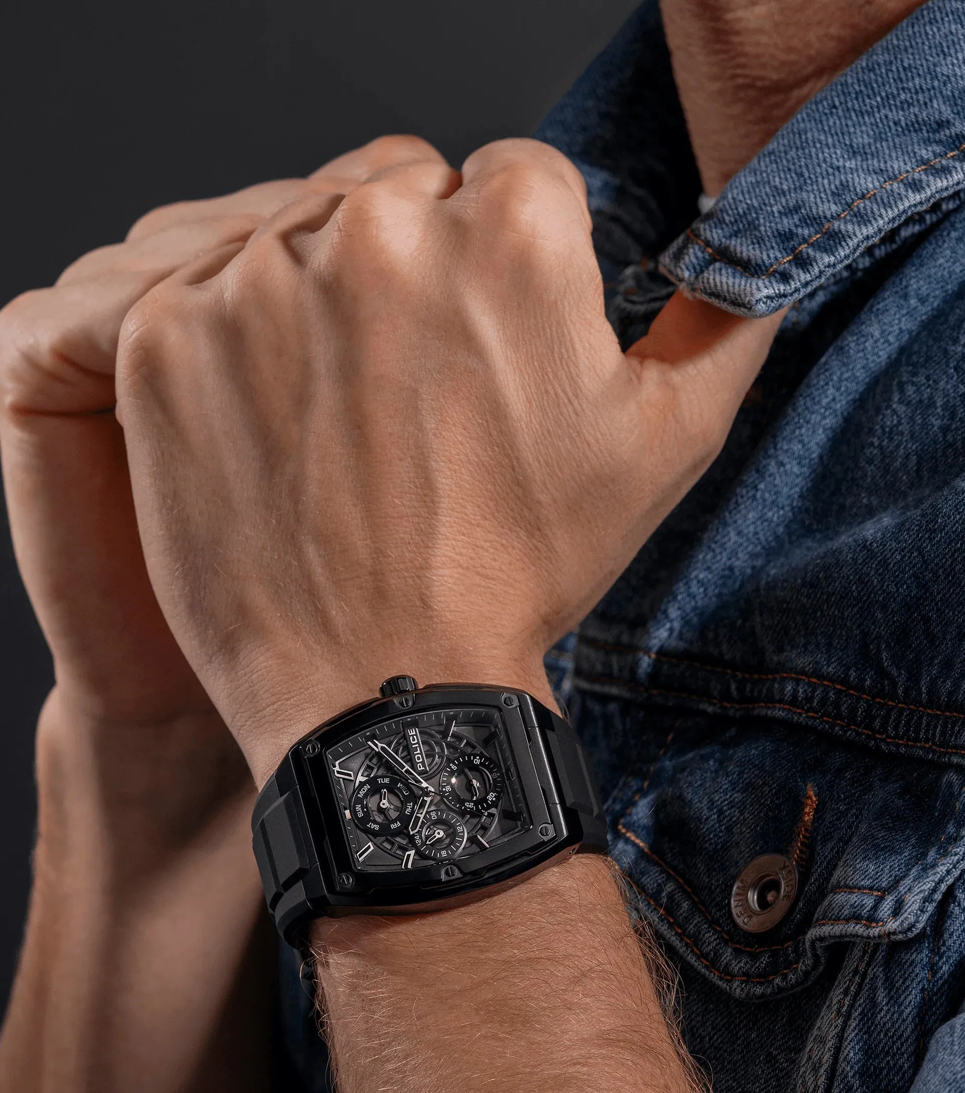Police Creed Gents Transparent Charcoal Grey Dial Black Silicon Strap Watch
