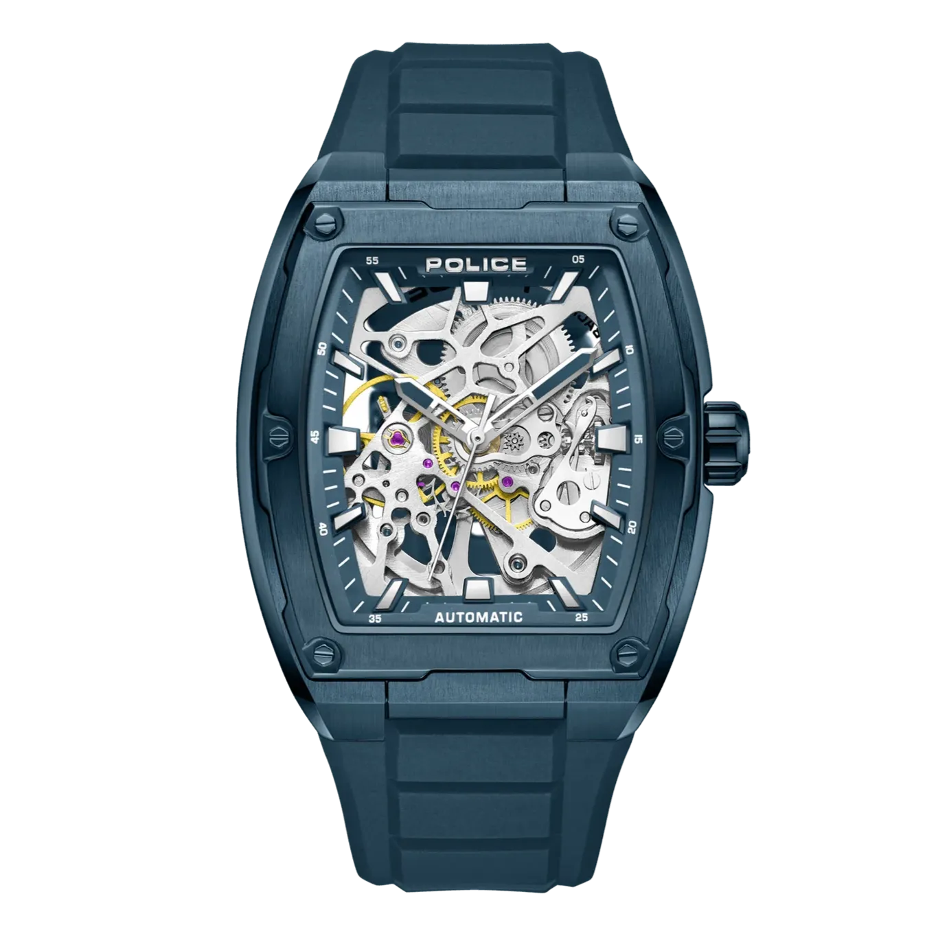 Police Skeletor Gents Automatic Blue Case Blue Silicone Strap Watch