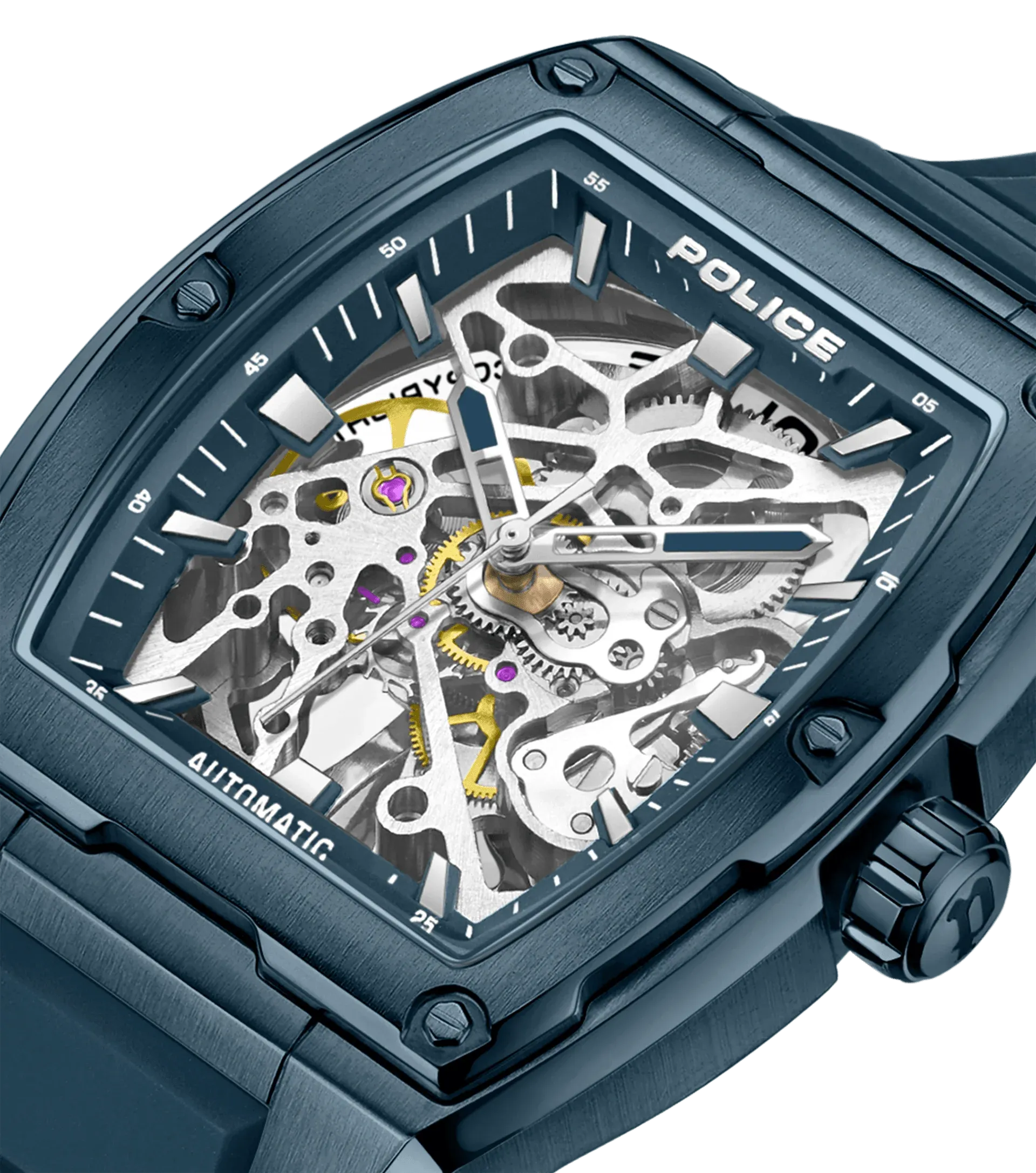 Police Skeletor Gents Automatic Blue Case Blue Silicone Strap Watch