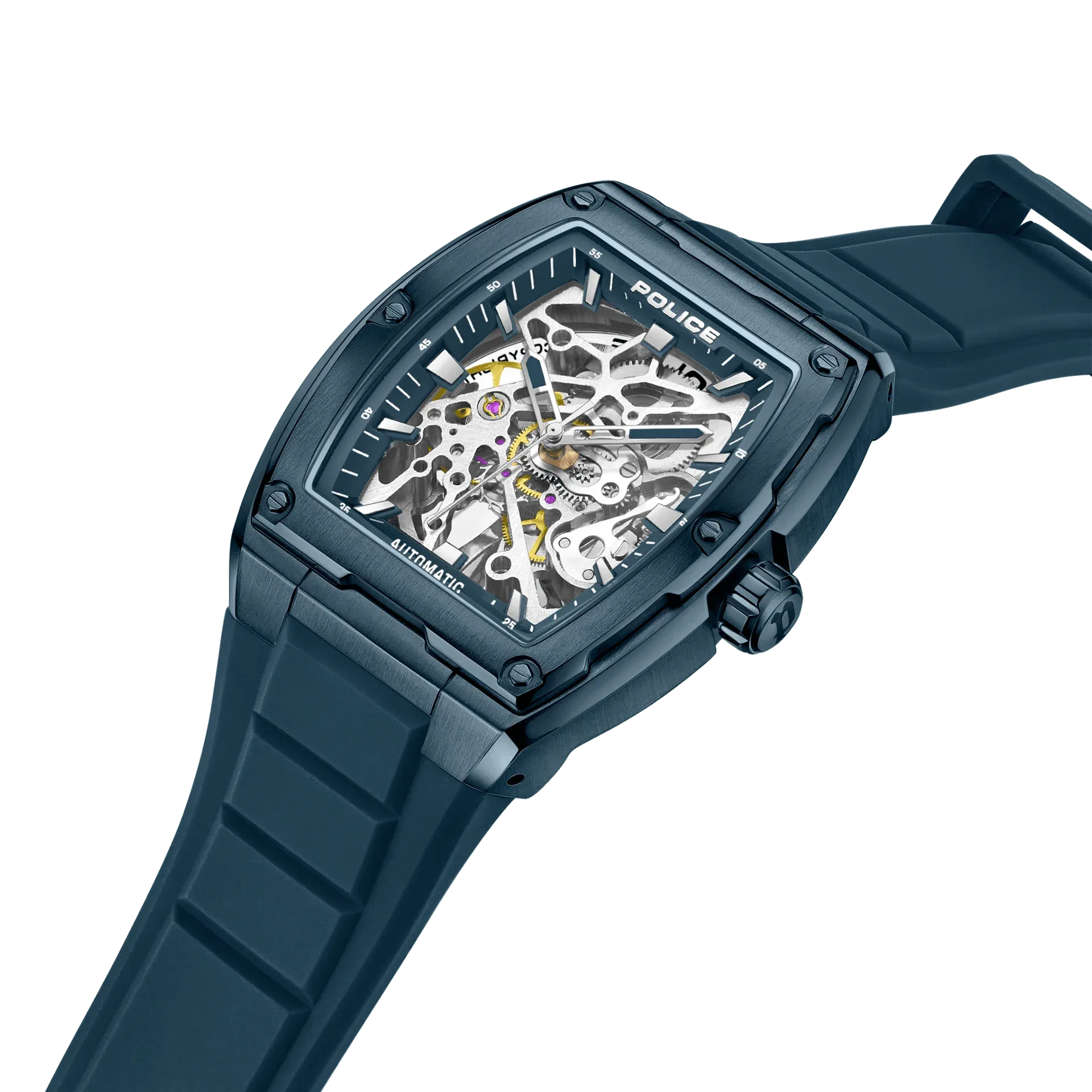 Police Skeletor Gents Automatic Blue Case Blue Silicone Strap Watch