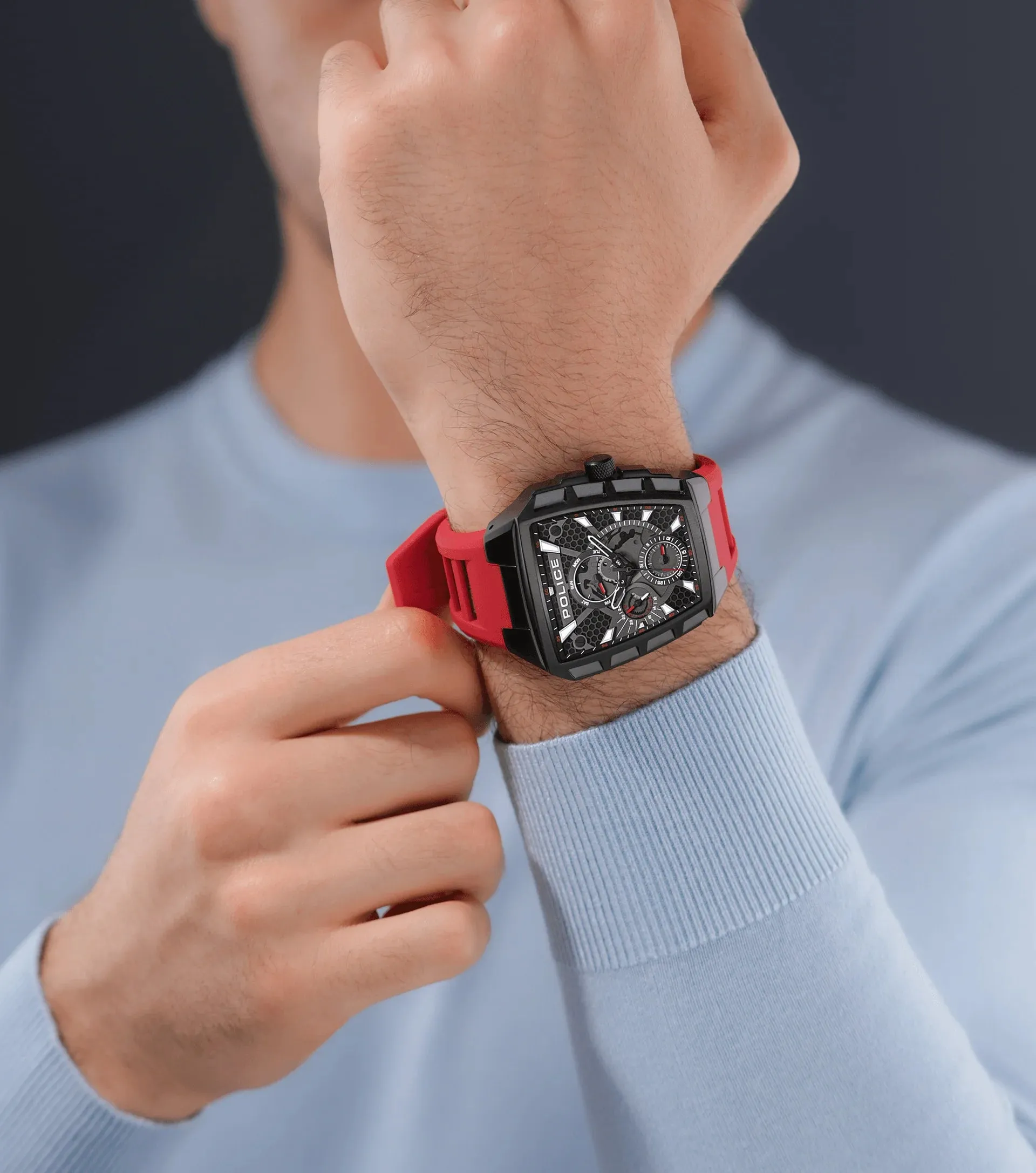 Police Tough Gear Gents Black Dial Red Silicone Starp Watch
