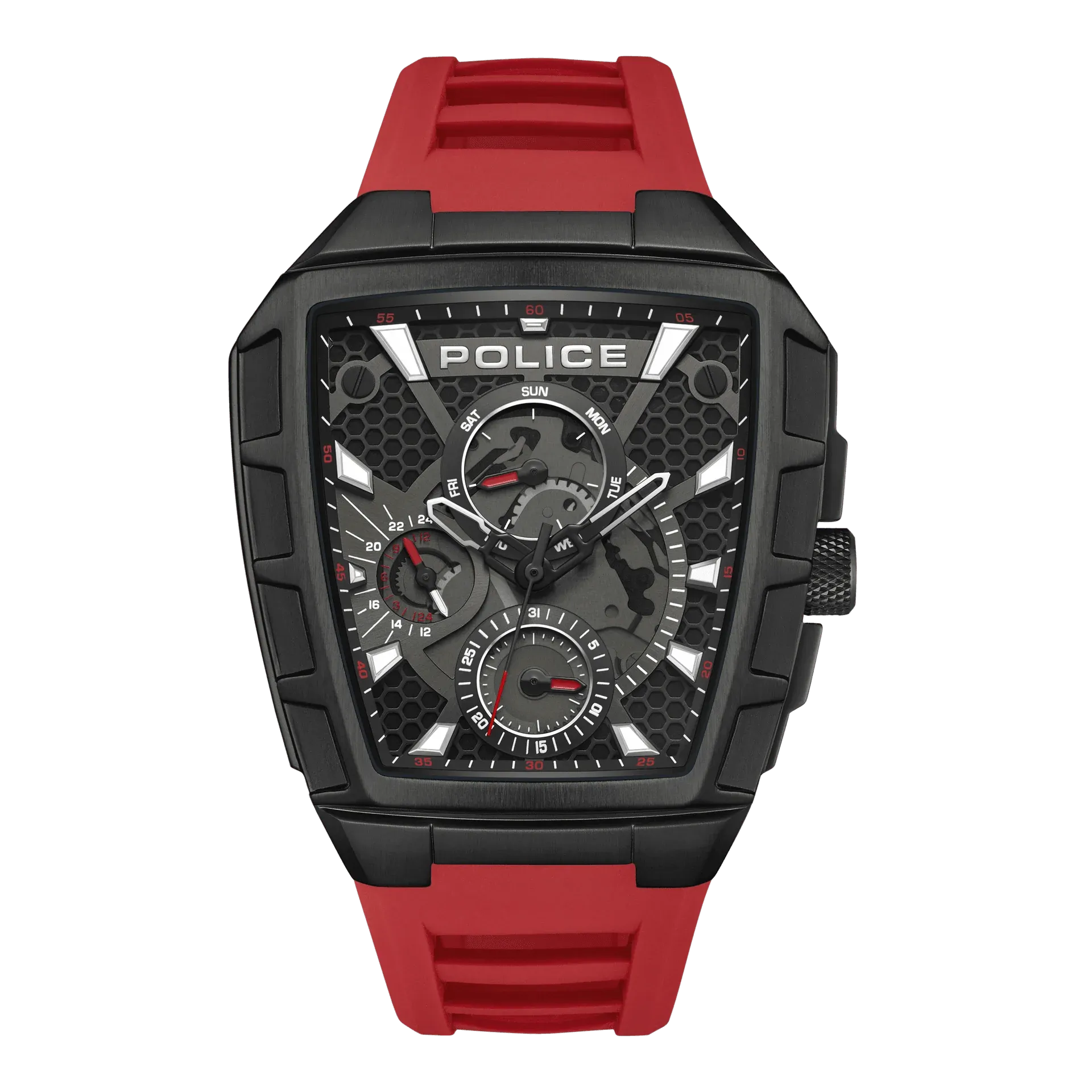Police Tough Gear Gents Black Dial Red Silicone Starp Watch