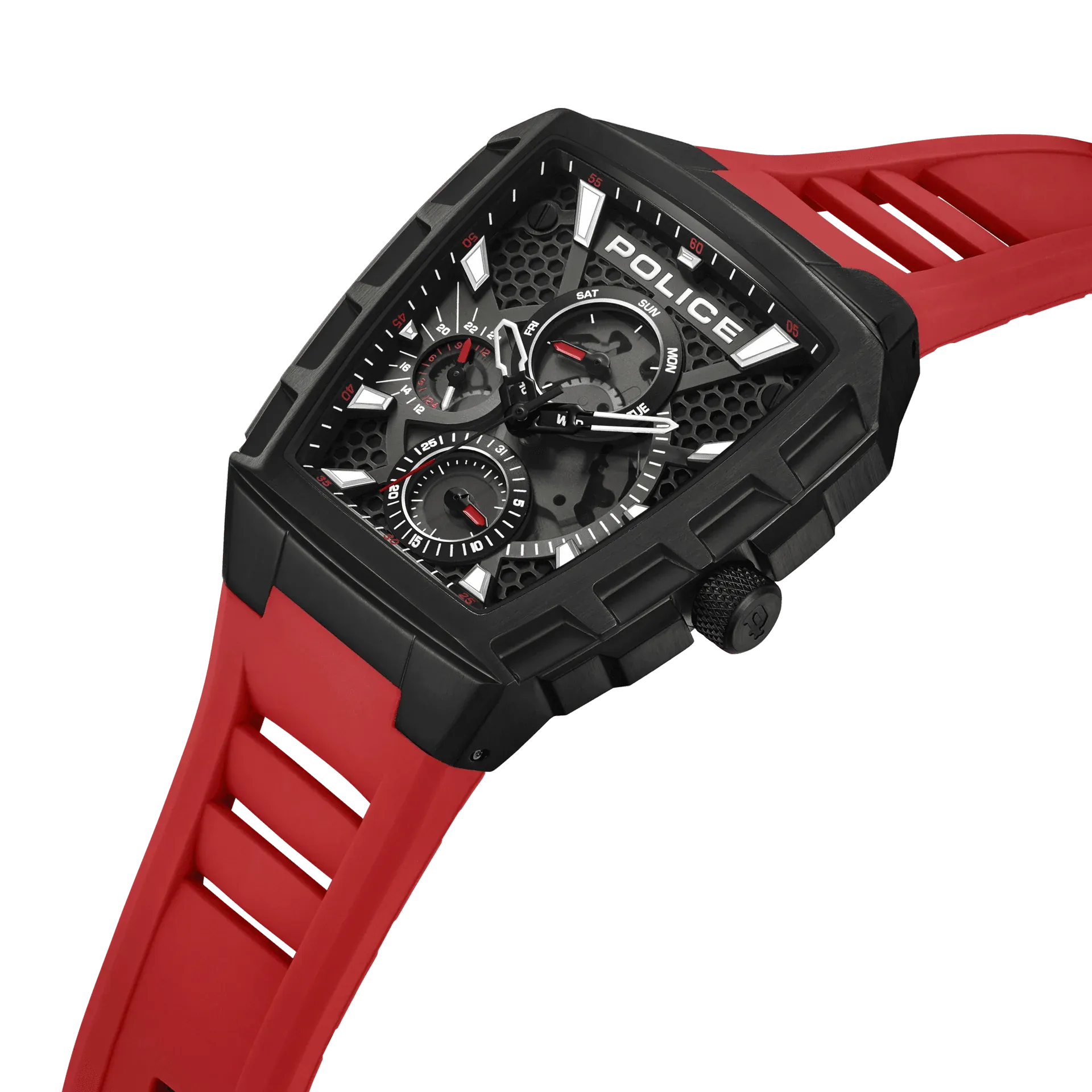 Police Tough Gear Gents Black Dial Red Silicone Starp Watch