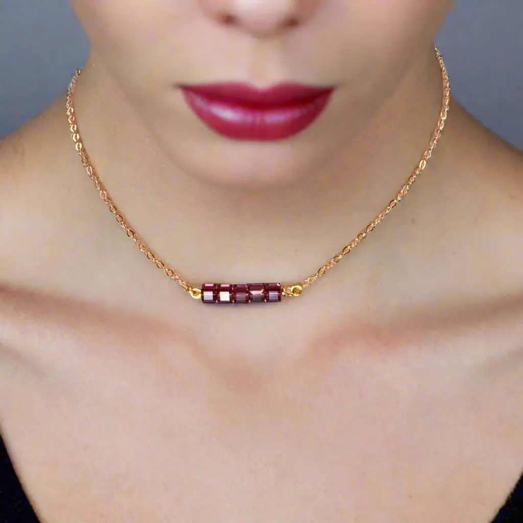 Purple Amethyst Cube Bar 14K Gold Necklace