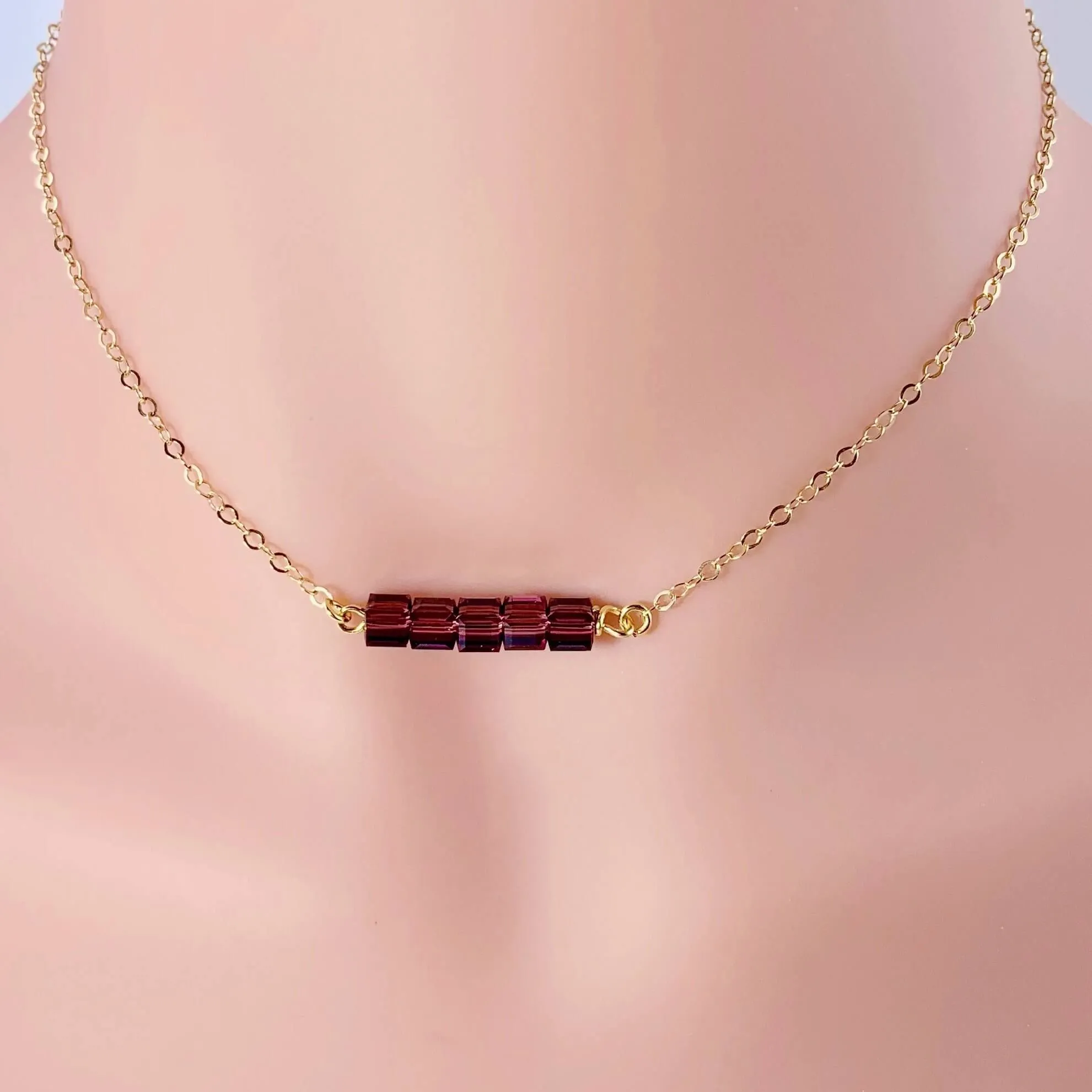 Purple Amethyst Cube Bar 14K Gold Necklace