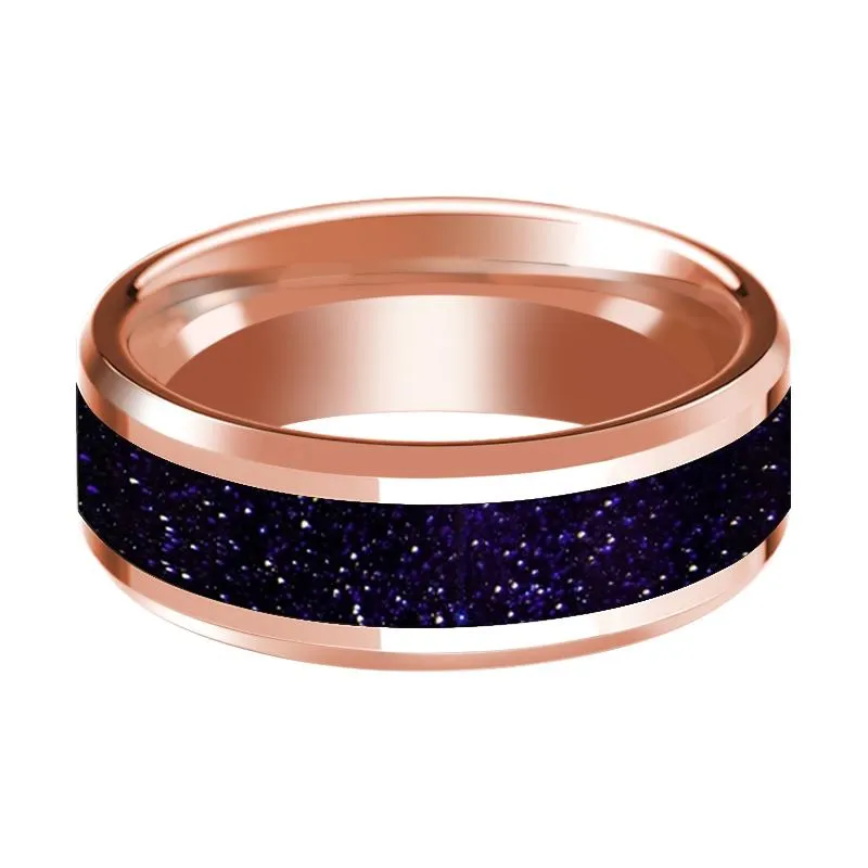 Purple Gold Stone Inlaid 14k Rose Gold Polished Wedding Band for Men with Beveled Edges - 8MM