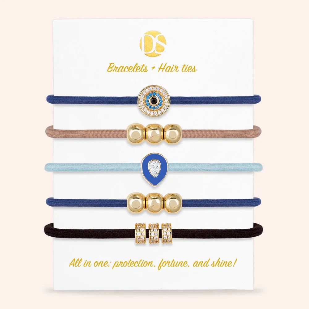 "All in One" Set of 5 Hair Ties & Bracelet Jewels