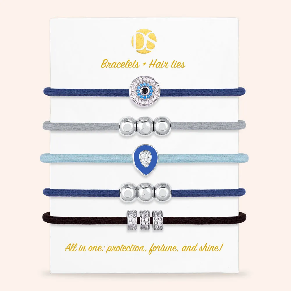 "All in One" Set of 5 Hair Ties & Bracelet Jewels