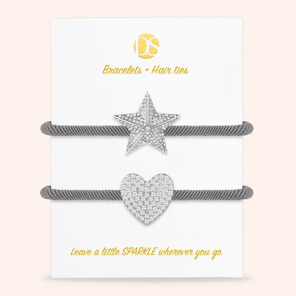"Time to Sparkle" Set of 2 Pave Heart and Star Hair Ties & Bracelet Jewels