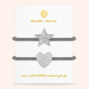 "Time to Sparkle" Set of 2 Pave Heart and Star Hair Ties & Bracelet Jewels