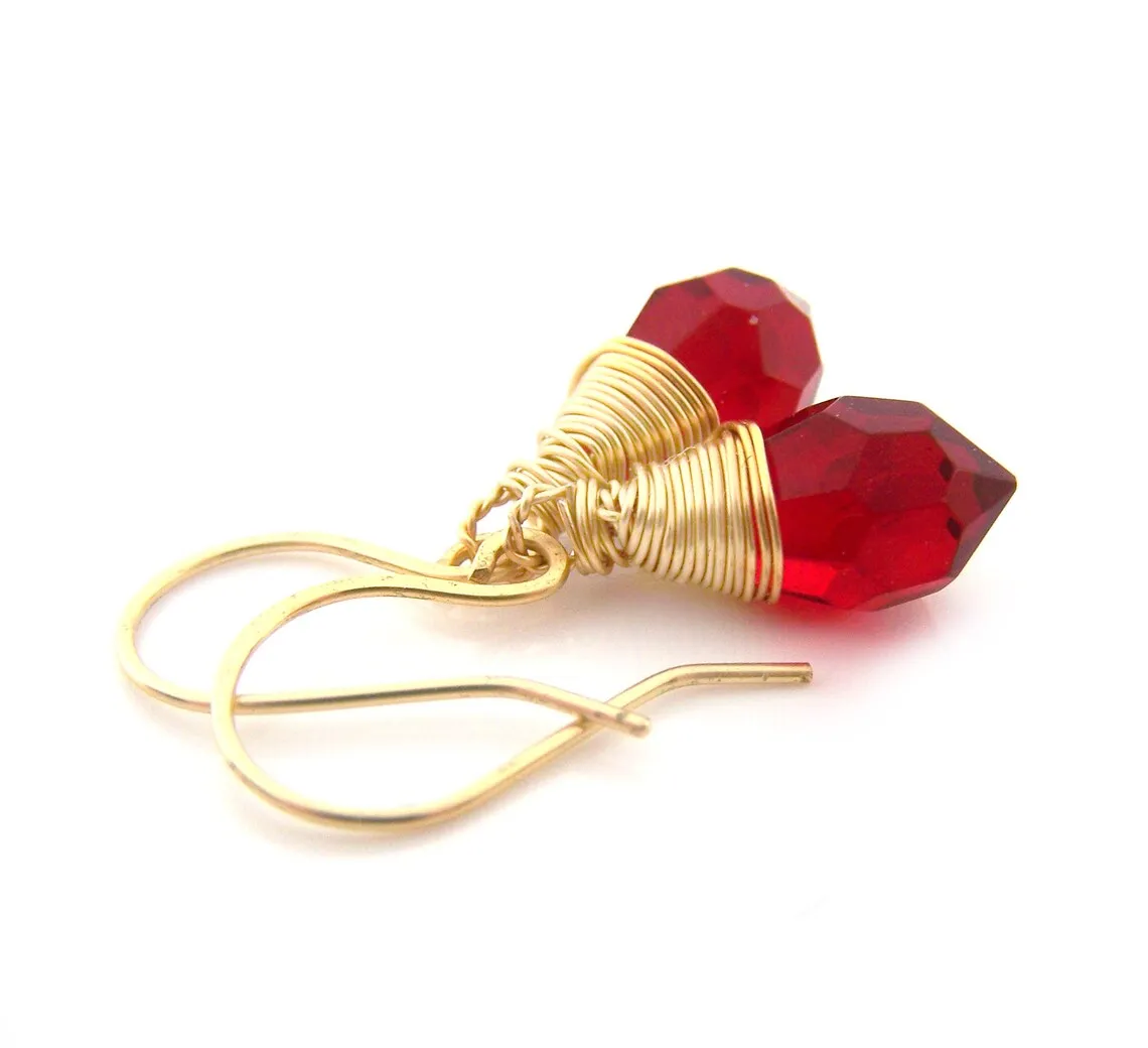 Red Czech Glass Crystal Gold Filled Wire Wrapped Dainty Drop Earrings