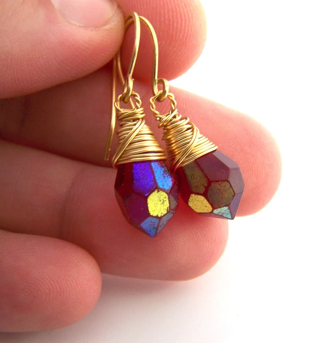 Red Czech Glass Crystal Gold Filled Wire Wrapped Dainty Drop Earrings
