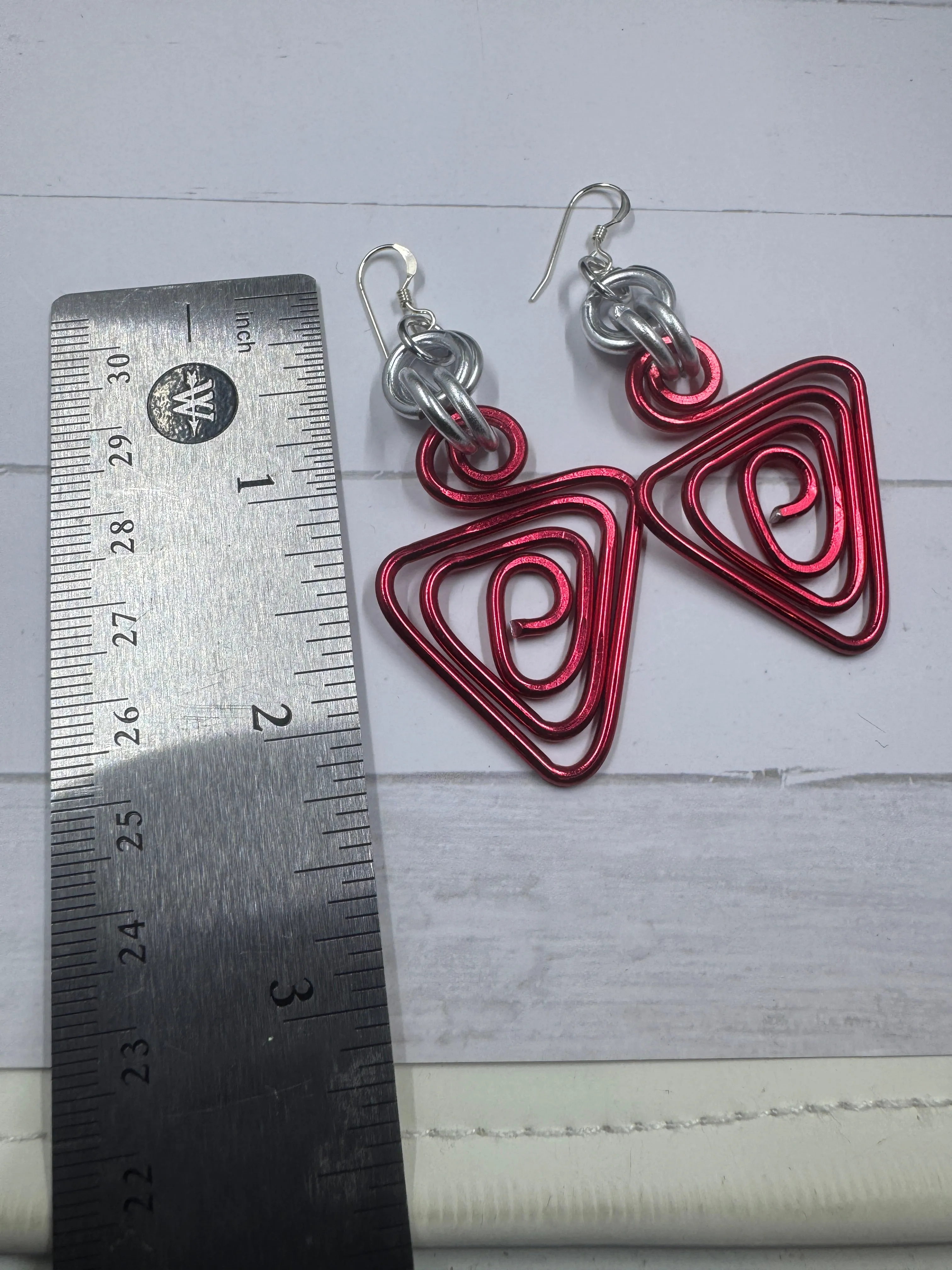Red Triangle Aluminum Wire Earrings with sterling silver ear wire