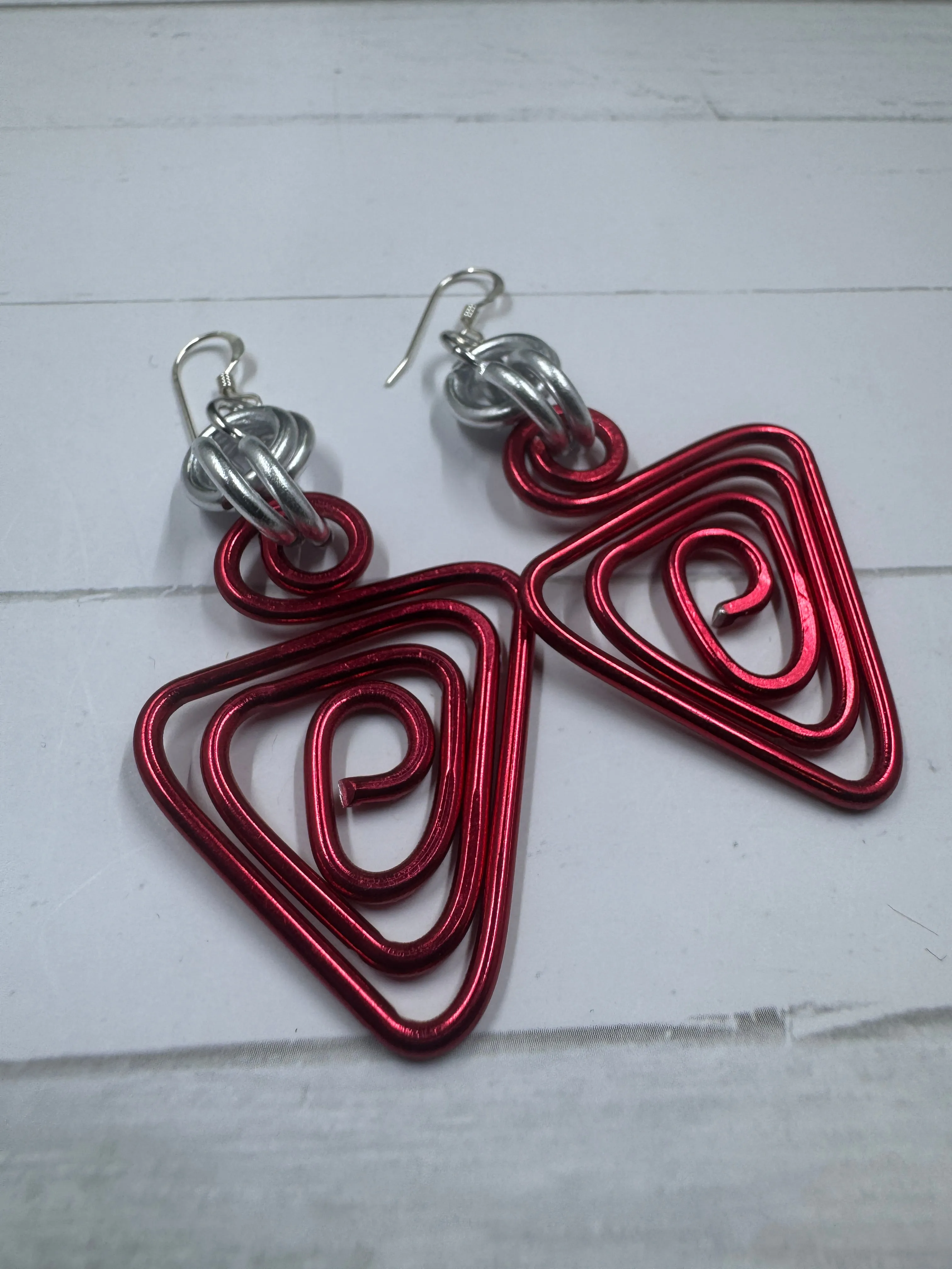 Red Triangle Aluminum Wire Earrings with sterling silver ear wire