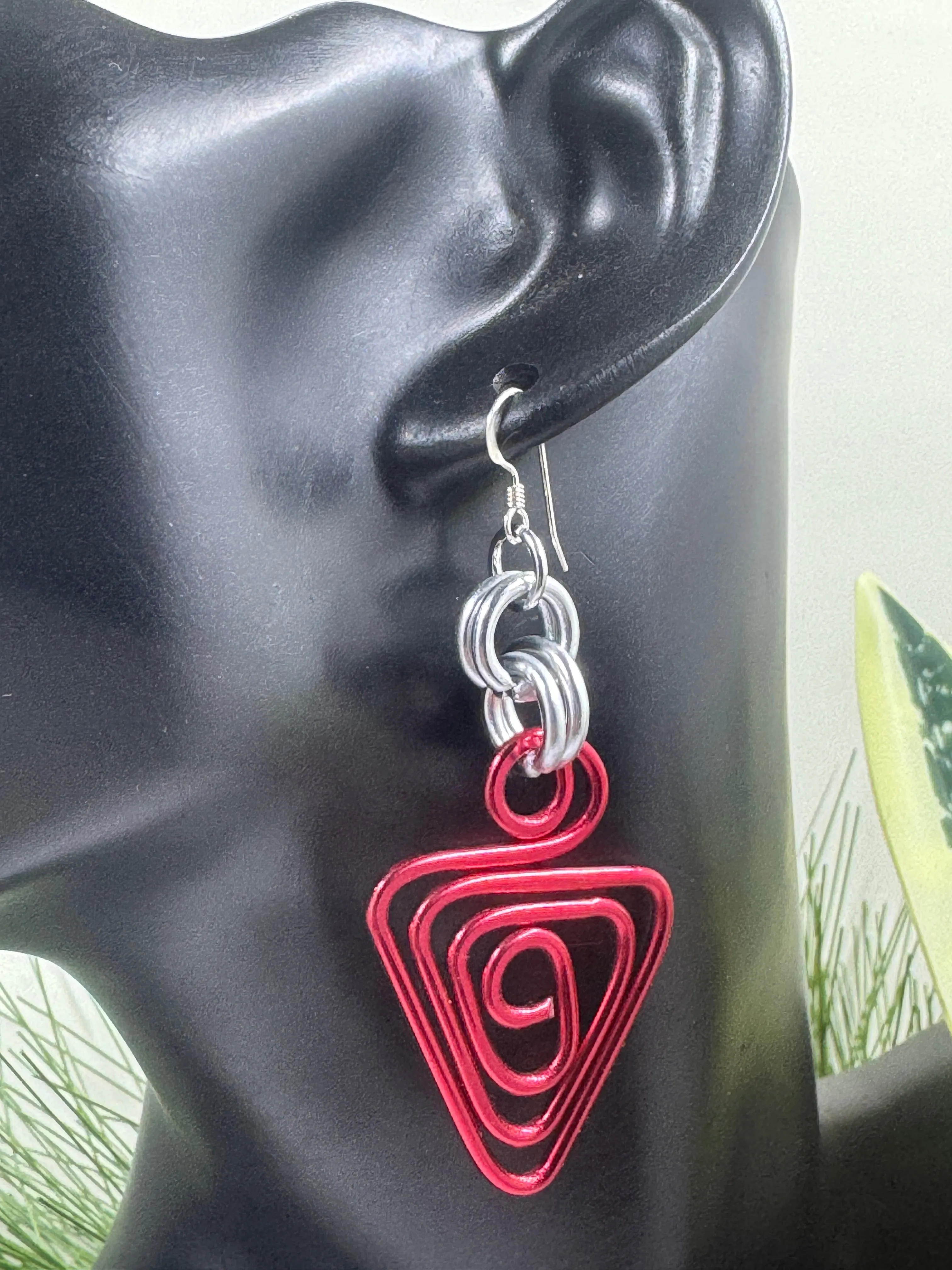 Red Triangle Aluminum Wire Earrings with sterling silver ear wire