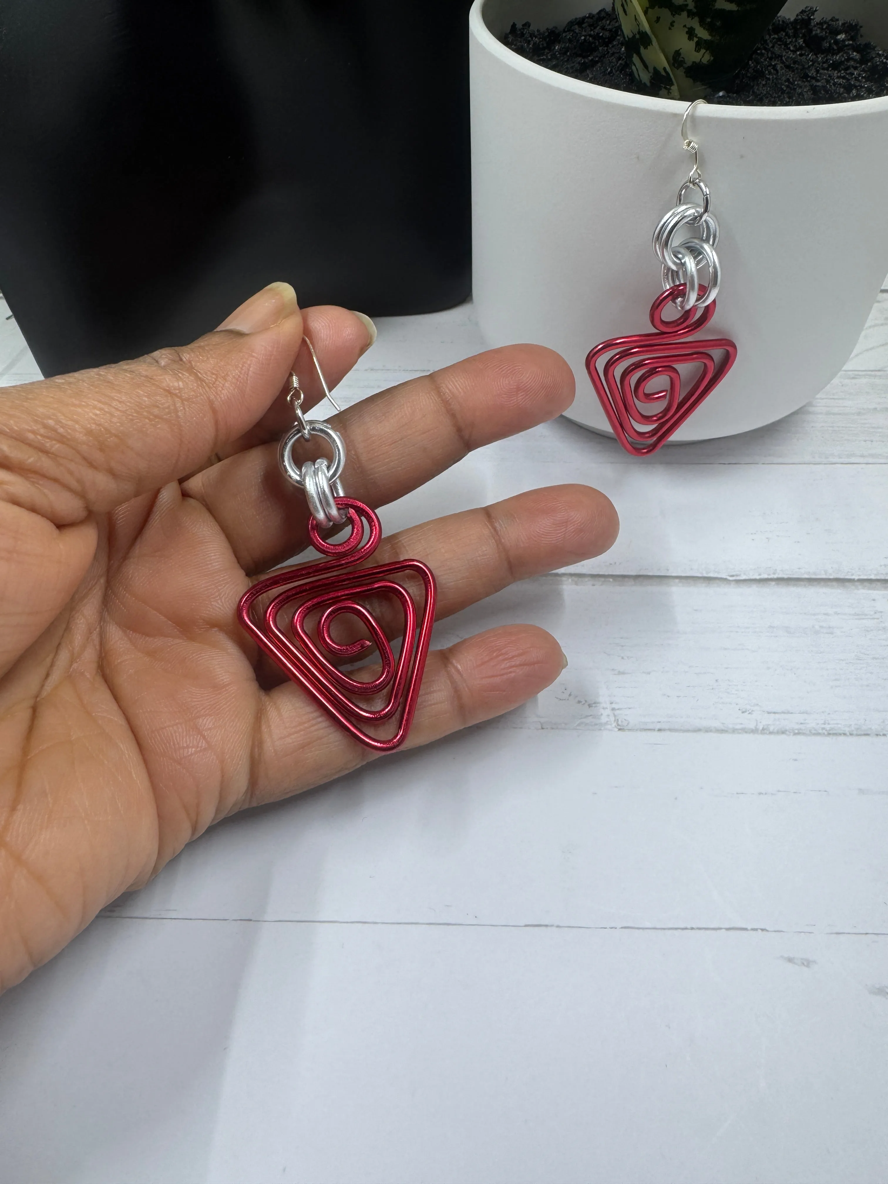 Red Triangle Aluminum Wire Earrings with sterling silver ear wire