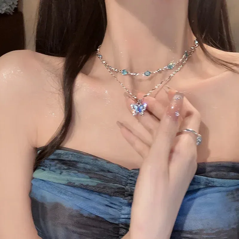 Romantic Blue Crystal Butterfly Pendant Necklace