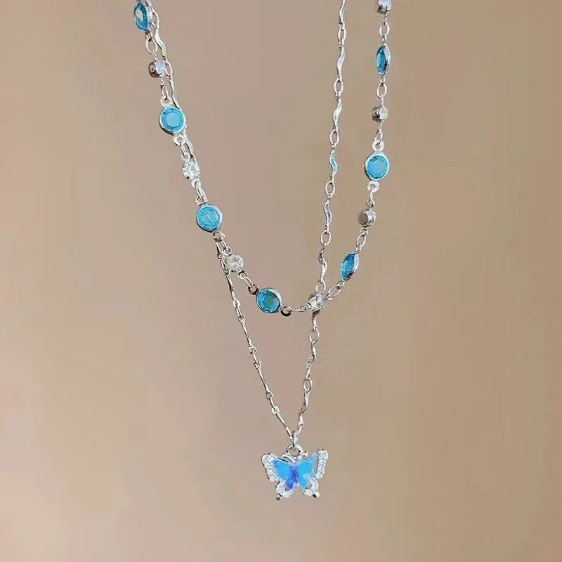 Romantic Blue Crystal Butterfly Pendant Necklace