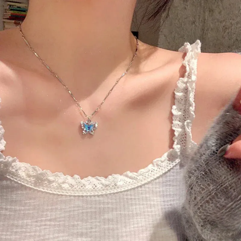 Romantic Blue Crystal Butterfly Pendant Necklace