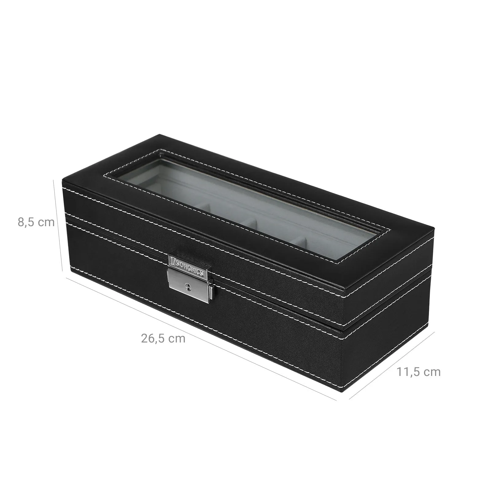 Rootz Watch Box Organizer - Watch Display Case - Jewelry Storage Box - Transparent Glass Panel - Divider Grids - Padded Watch Cushions - Modern Design - Gift Idea - 26.5cm x 11cm x 8.5cm