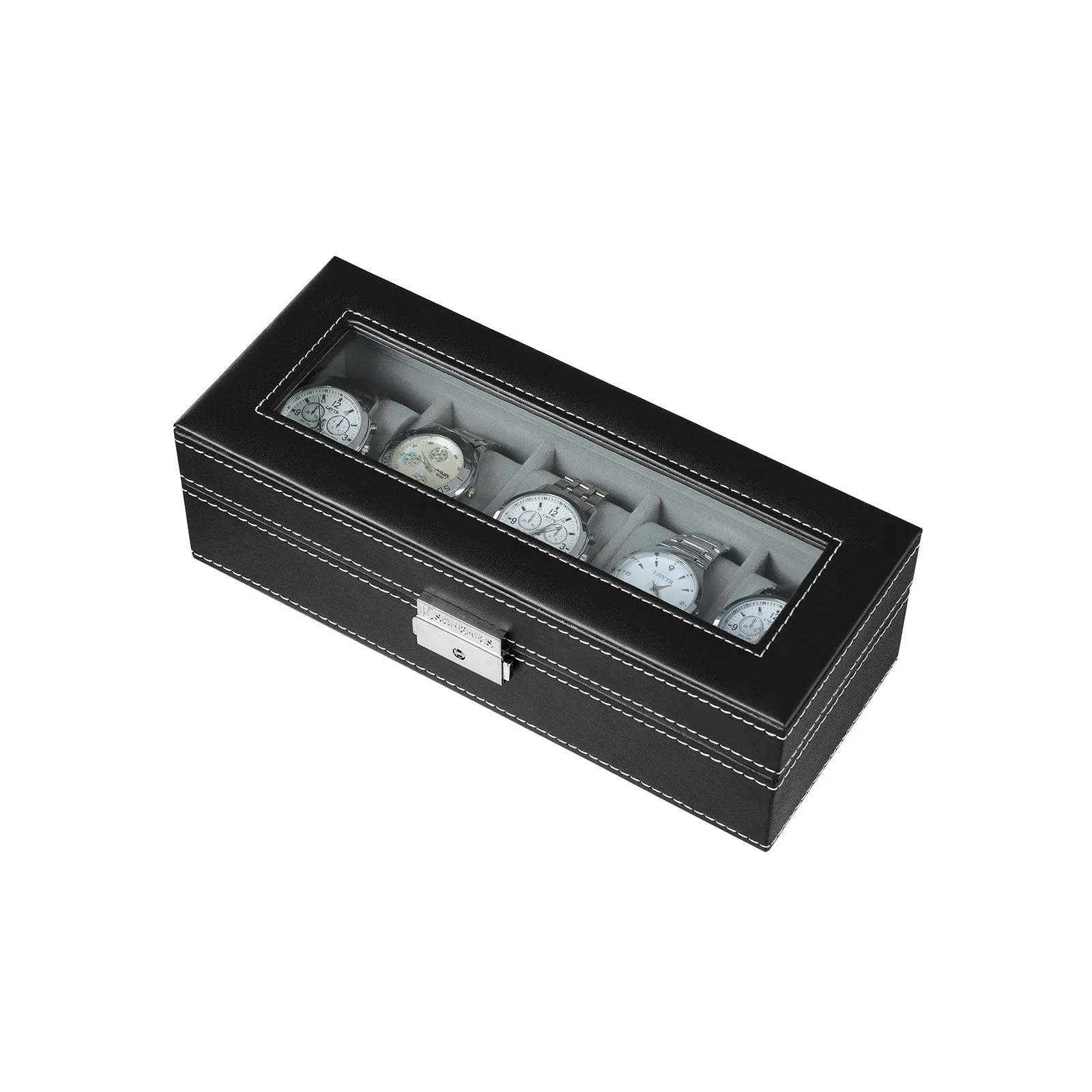 Rootz Watch Box Organizer - Watch Display Case - Jewelry Storage Box - Transparent Glass Panel - Divider Grids - Padded Watch Cushions - Modern Design - Gift Idea - 26.5cm x 11cm x 8.5cm