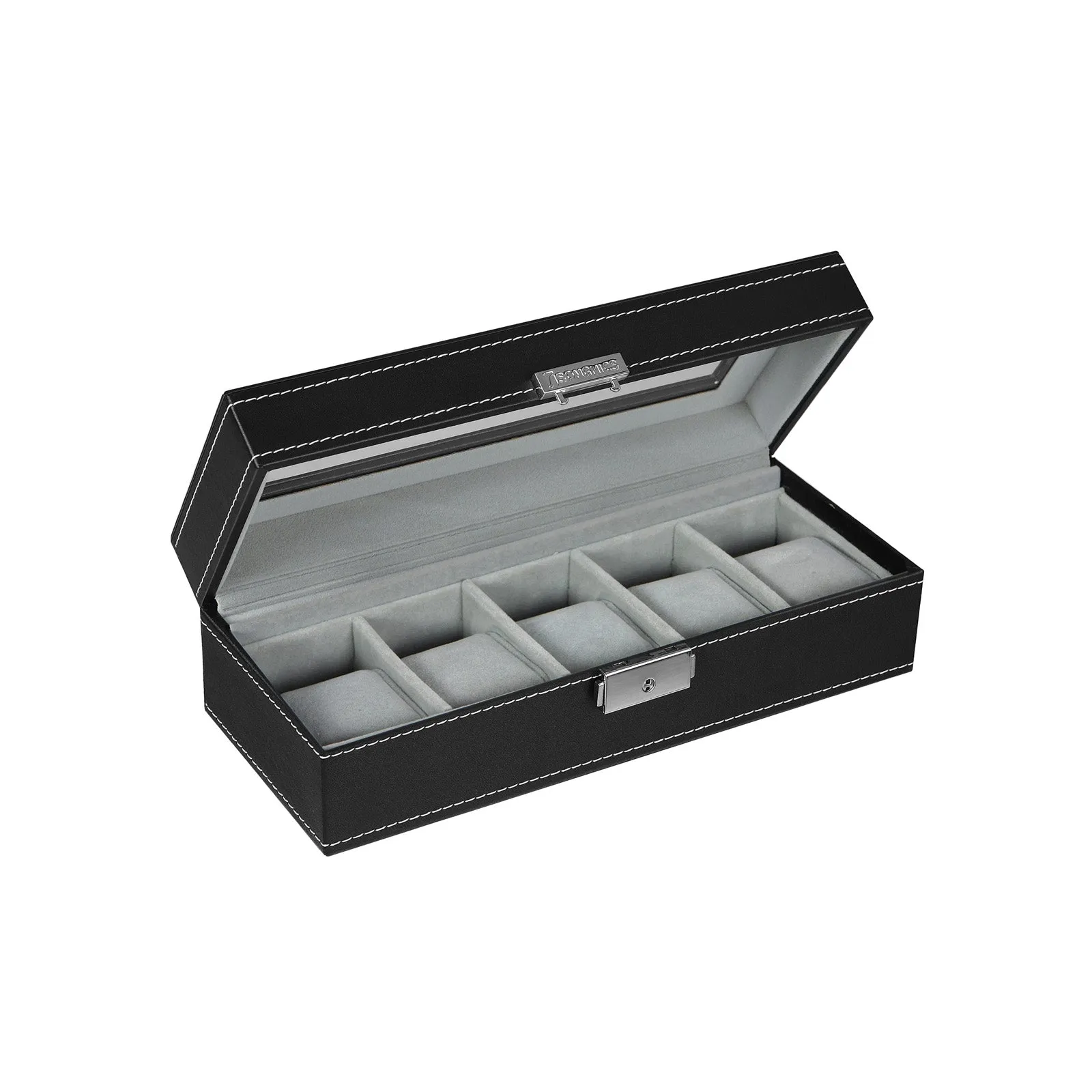 Rootz Watch Box Organizer - Watch Display Case - Jewelry Storage Box - Transparent Glass Panel - Divider Grids - Padded Watch Cushions - Modern Design - Gift Idea - 26.5cm x 11cm x 8.5cm