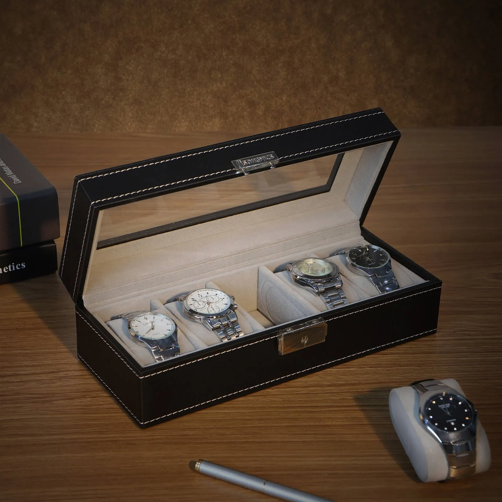 Rootz Watch Box Organizer - Watch Display Case - Jewelry Storage Box - Transparent Glass Panel - Divider Grids - Padded Watch Cushions - Modern Design - Gift Idea - 26.5cm x 11cm x 8.5cm