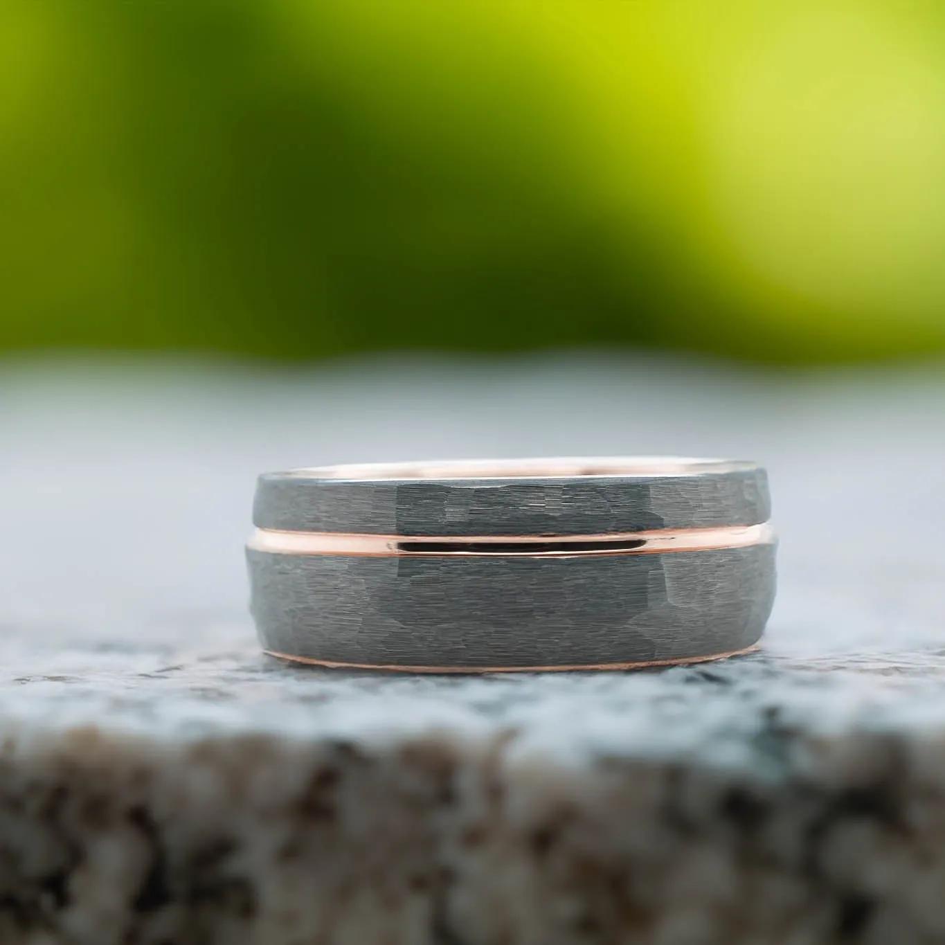 Rounded Hammered Silver Band / Rose Gold Stripe - 8mm