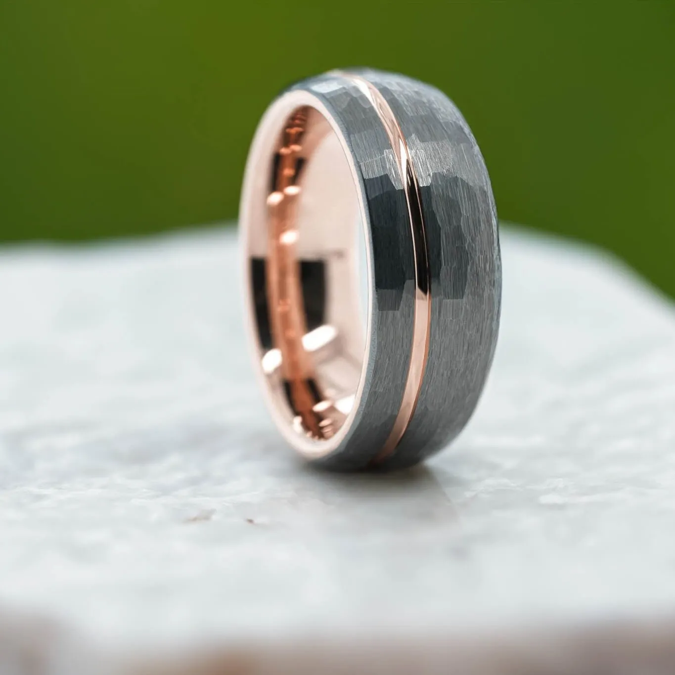 Rounded Hammered Silver Band / Rose Gold Stripe - 8mm