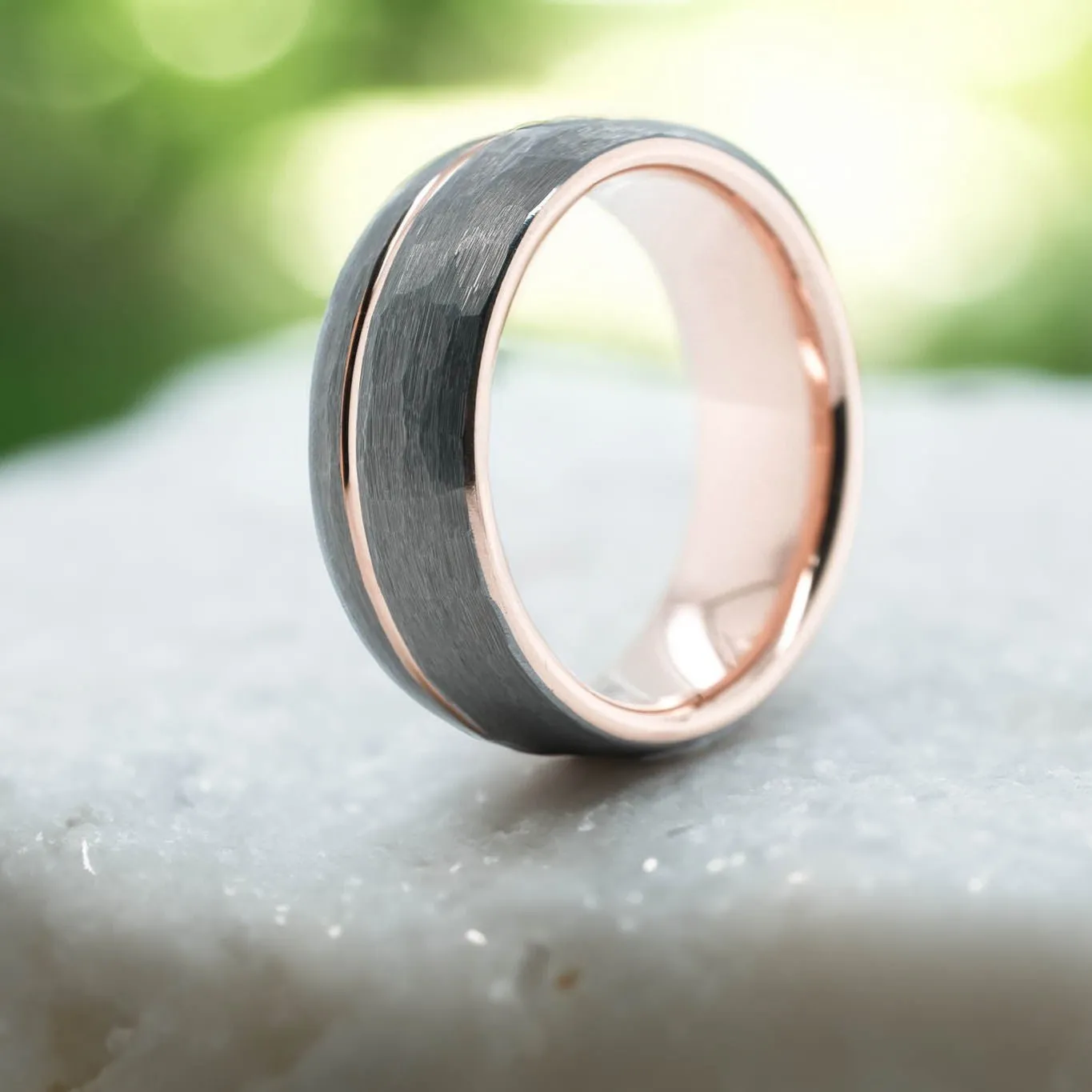 Rounded Hammered Silver Band / Rose Gold Stripe - 8mm