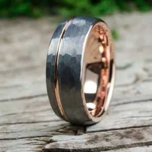 Rounded Hammered Silver Band / Rose Gold Stripe - 8mm