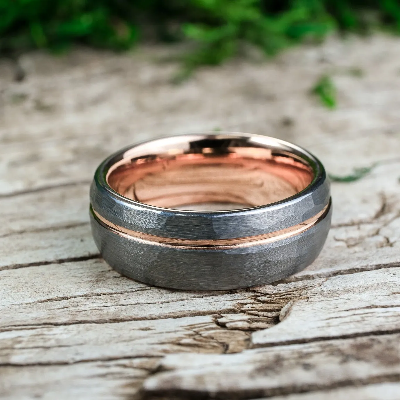 Rounded Hammered Silver Band / Rose Gold Stripe - 8mm