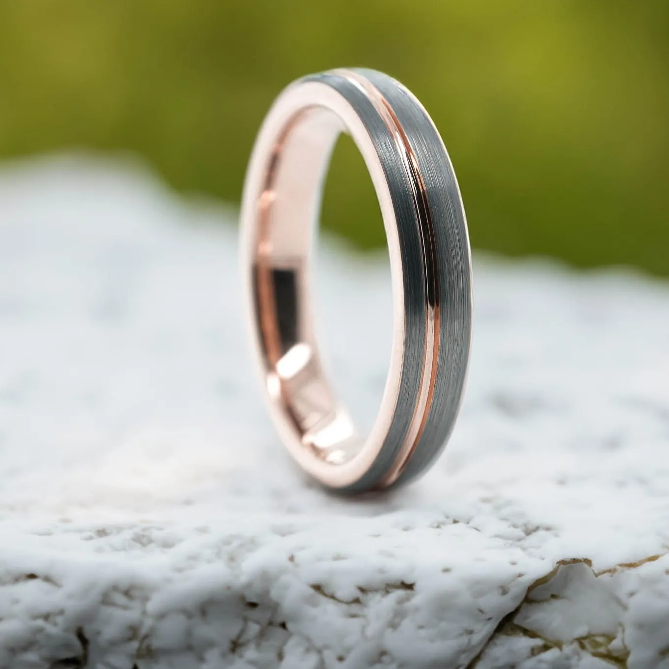 Rounded Silver Brushed Band / Rose Gold Stripe - 4mm