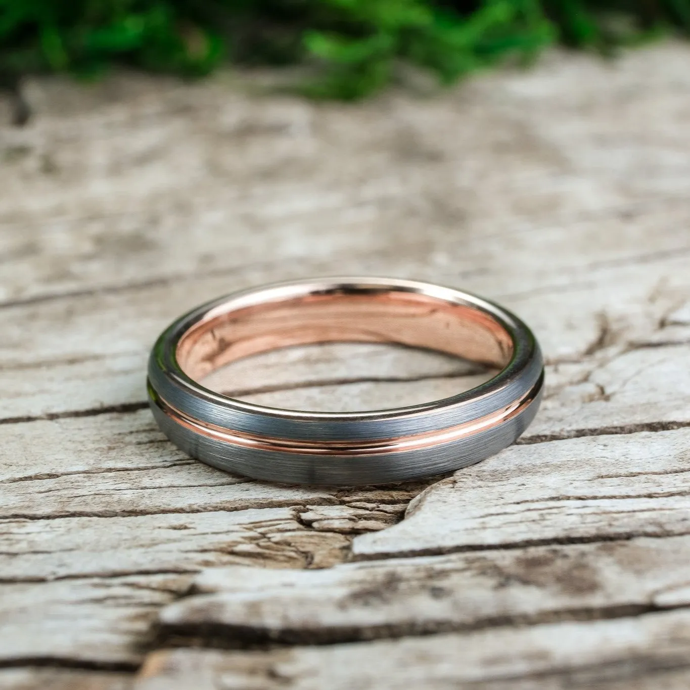 Rounded Silver Brushed Band / Rose Gold Stripe - 4mm