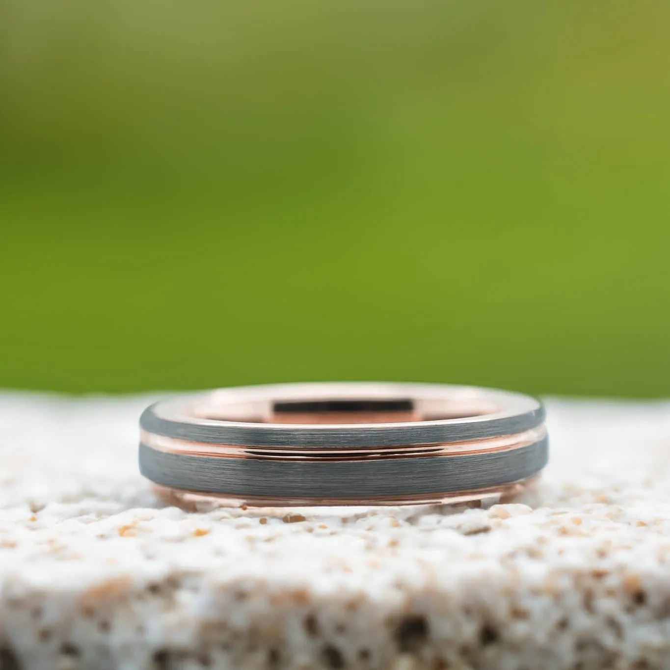 Rounded Silver Brushed Band / Rose Gold Stripe - 4mm