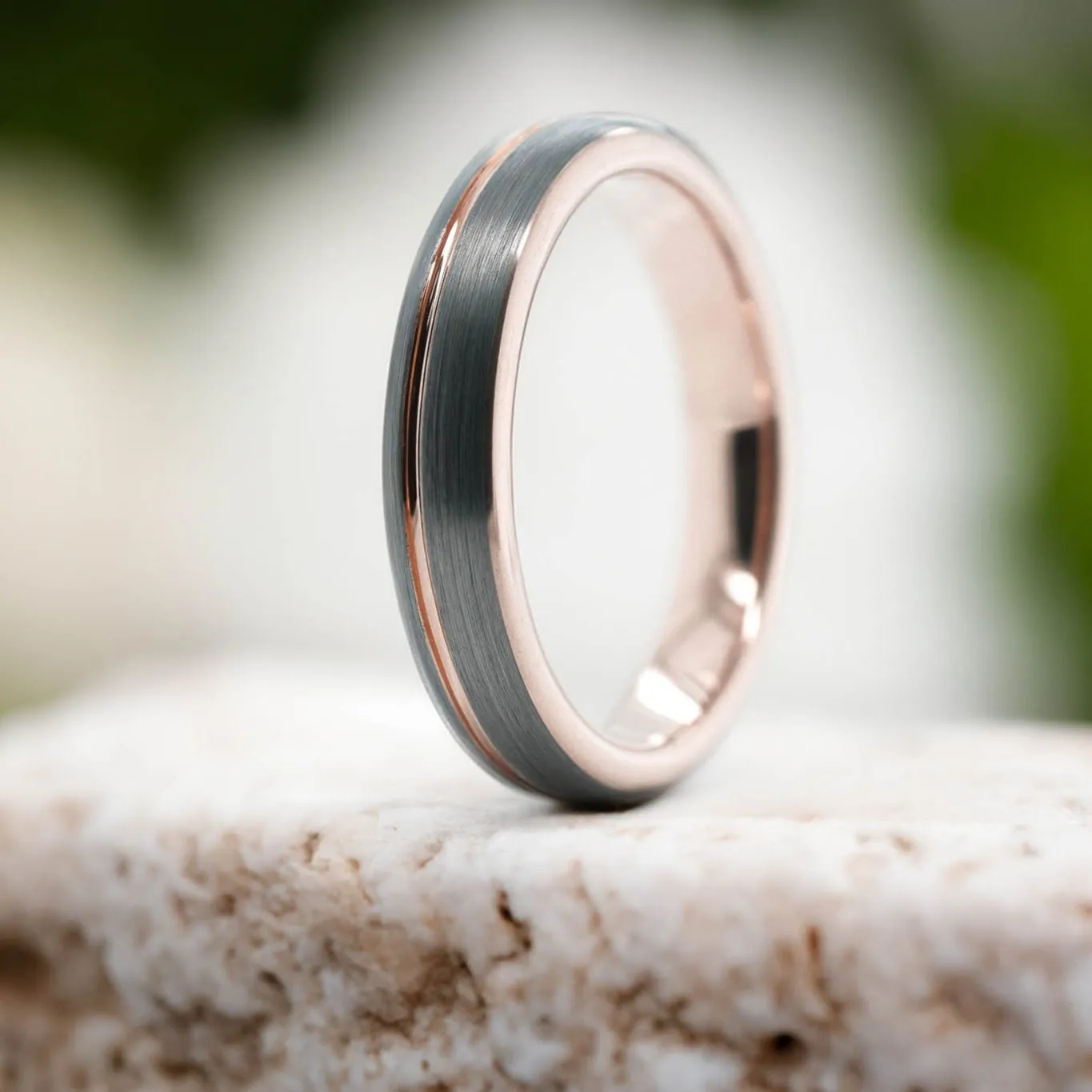 Rounded Silver Brushed Band / Rose Gold Stripe - 4mm