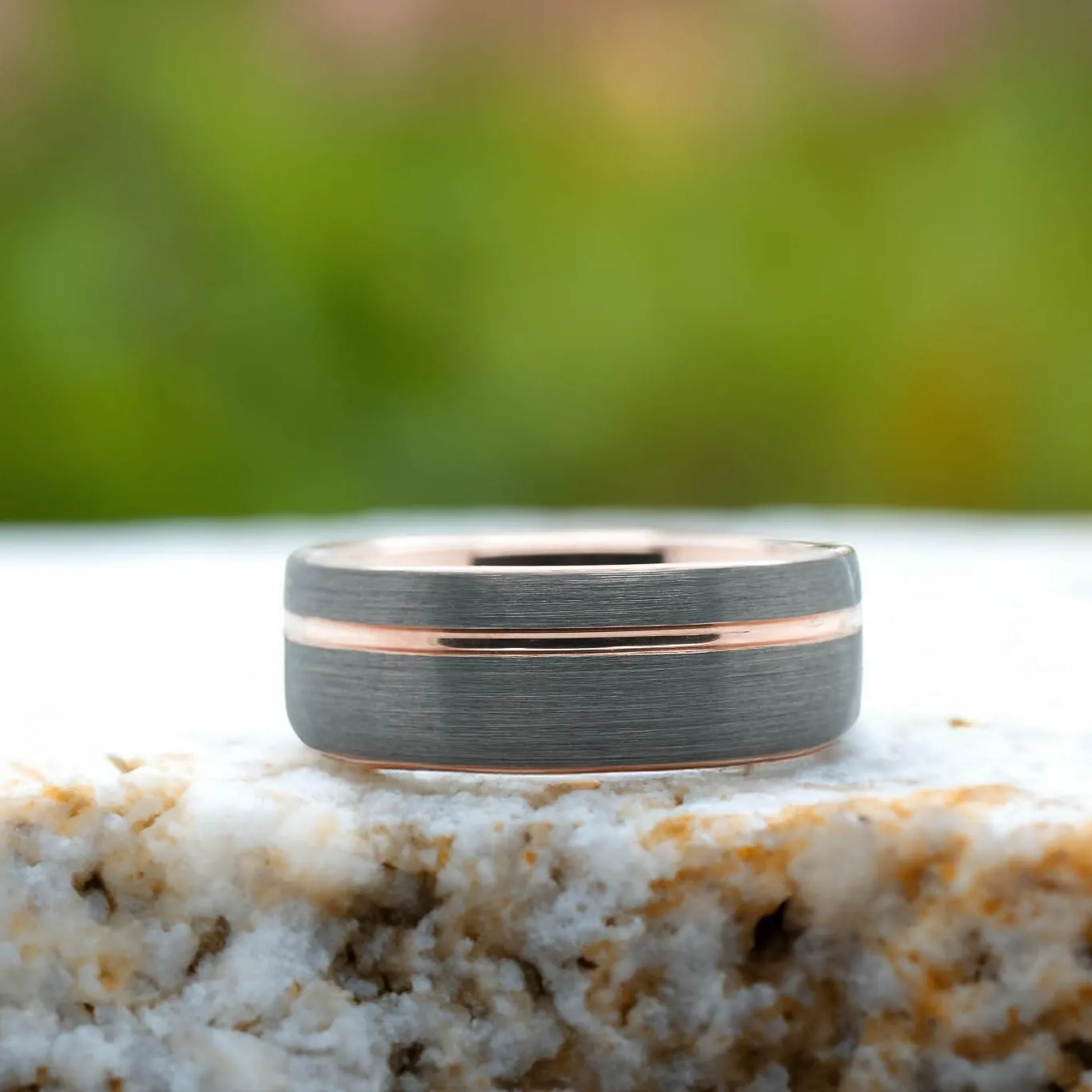 Rounded Silver Brushed Band / Rose Gold Stripe - 8mm