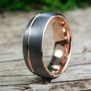 Rounded Silver Brushed Band / Rose Gold Stripe - 8mm