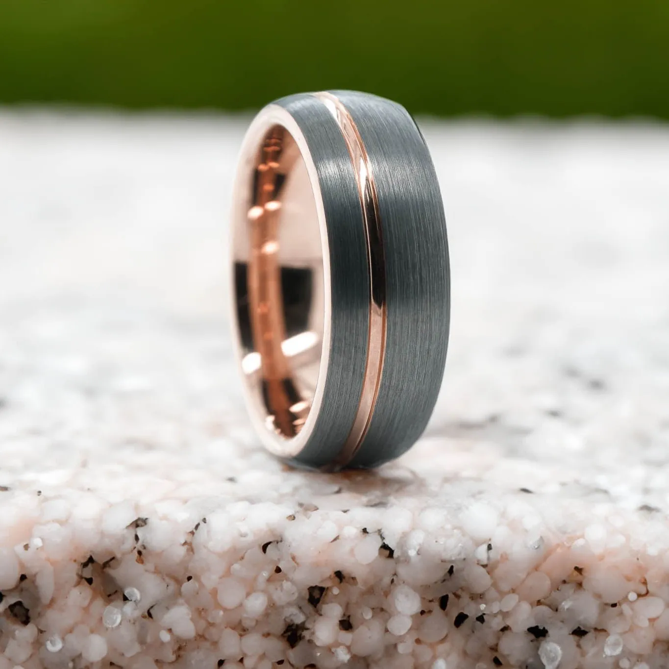 Rounded Silver Brushed Band / Rose Gold Stripe - 8mm