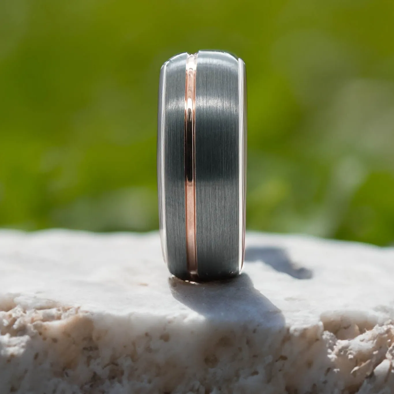Rounded Silver Brushed Band / Rose Gold Stripe - 8mm