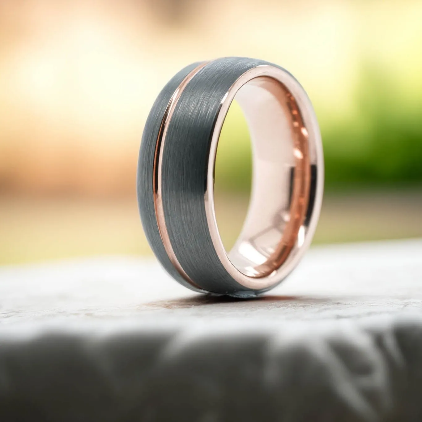 Rounded Silver Brushed Band / Rose Gold Stripe - 8mm