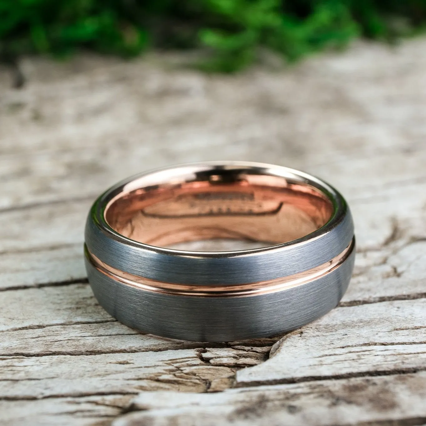 Rounded Silver Brushed Band / Rose Gold Stripe - 8mm