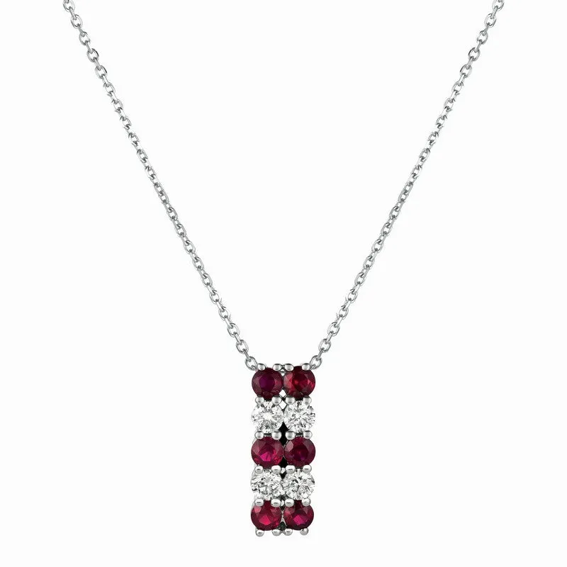 Ruby & Diamond 2 Rows Necklace 14K White Gold (2.18 Ctw)