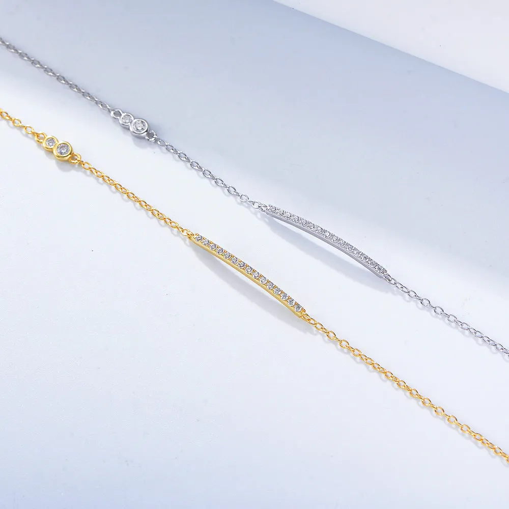 S925 Sterling Silver Minimalist Bar Bracelet - Gold Plated with CZ Accents