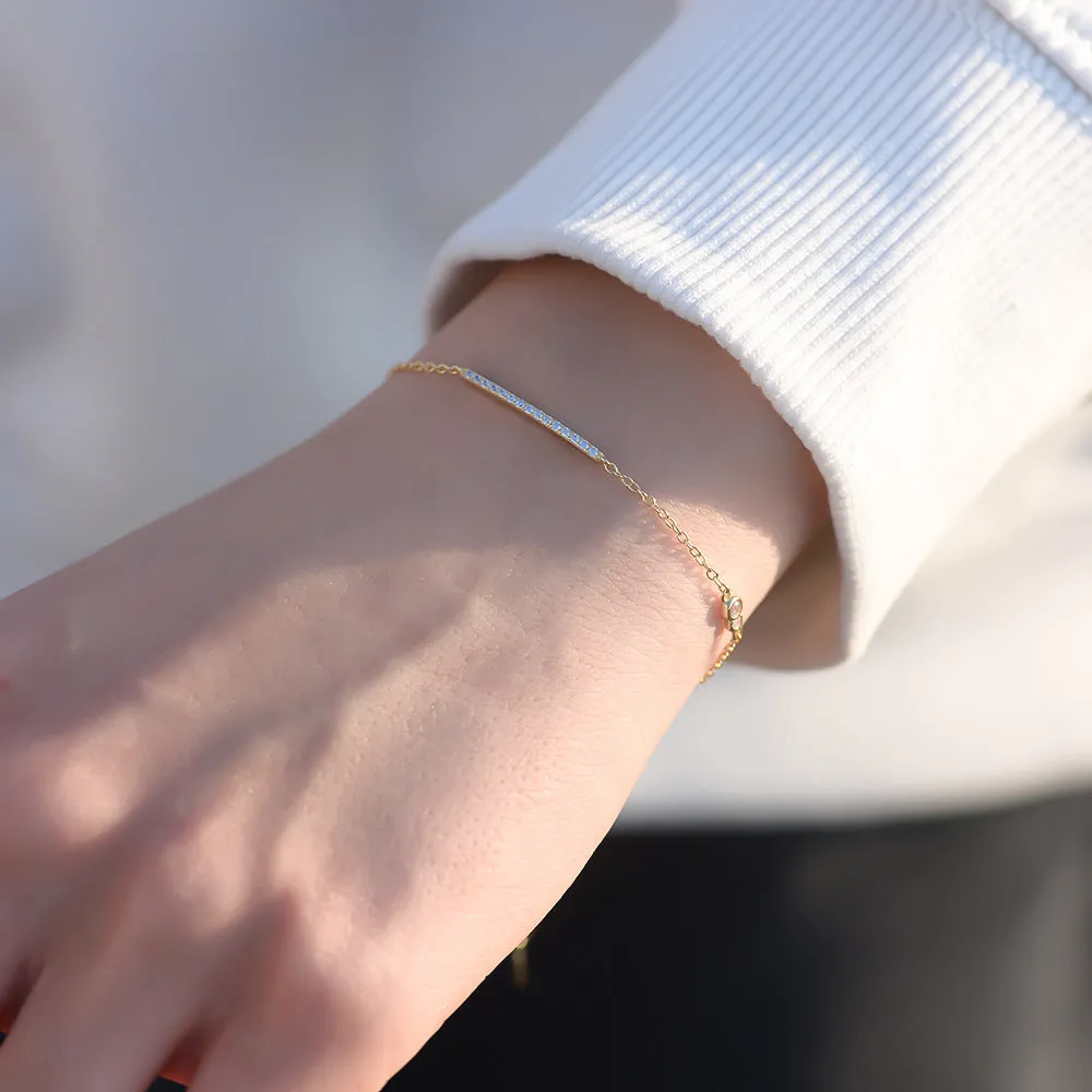S925 Sterling Silver Minimalist Bar Bracelet - Gold Plated with CZ Accents
