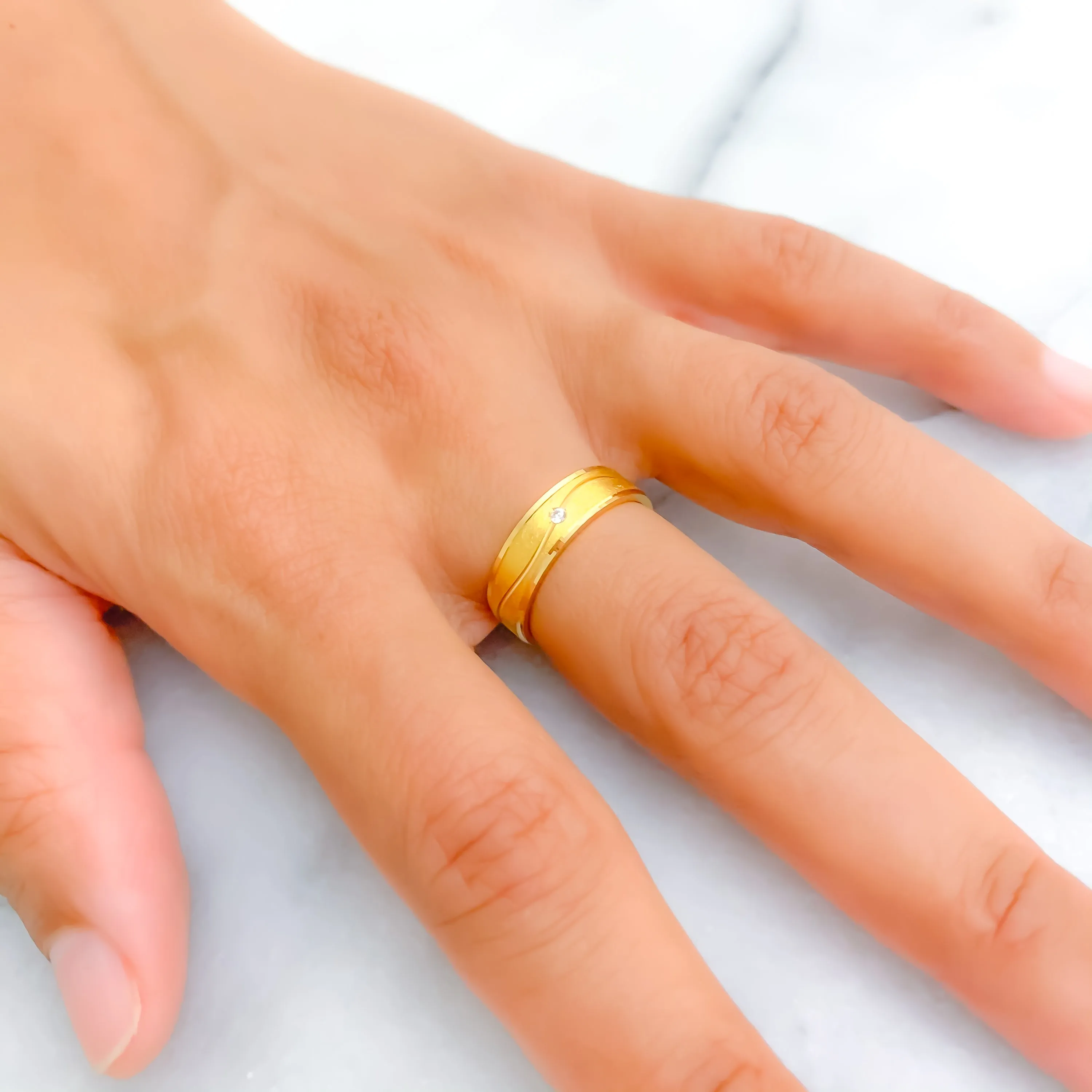 Satin Smooth Wave 21k Gold CZ Band