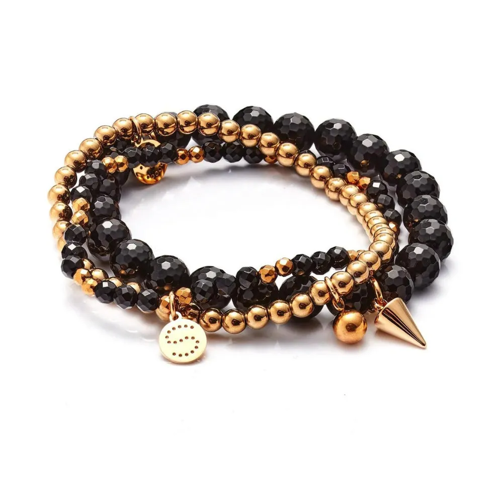 Silk & Steel Trio Elastic Bracelets - Black Onyx & Gold