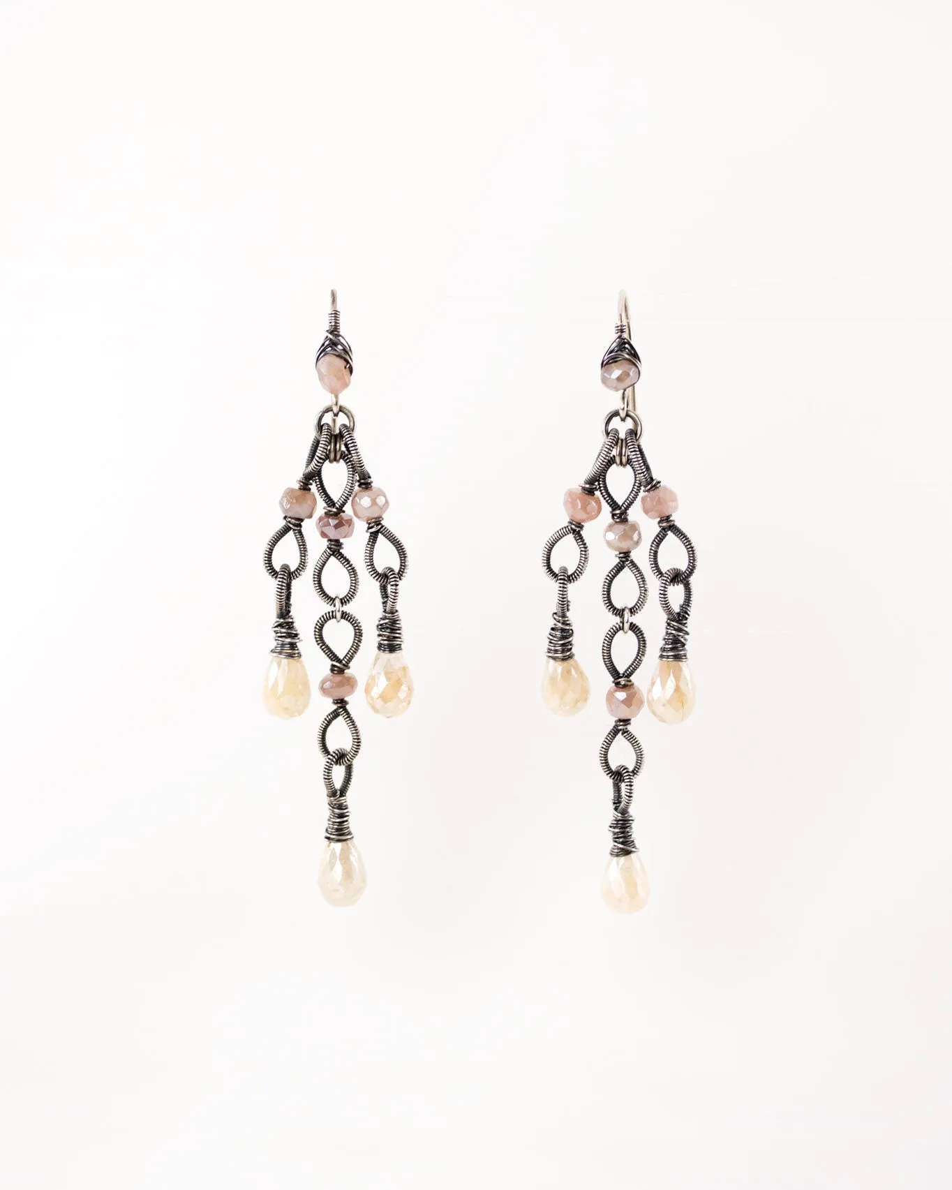 Silver dangle earrings with ivory and blush quartz